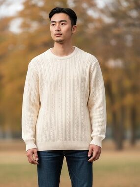 Geoffrey Beene Ivory Cable Knit Crewneck Sweater